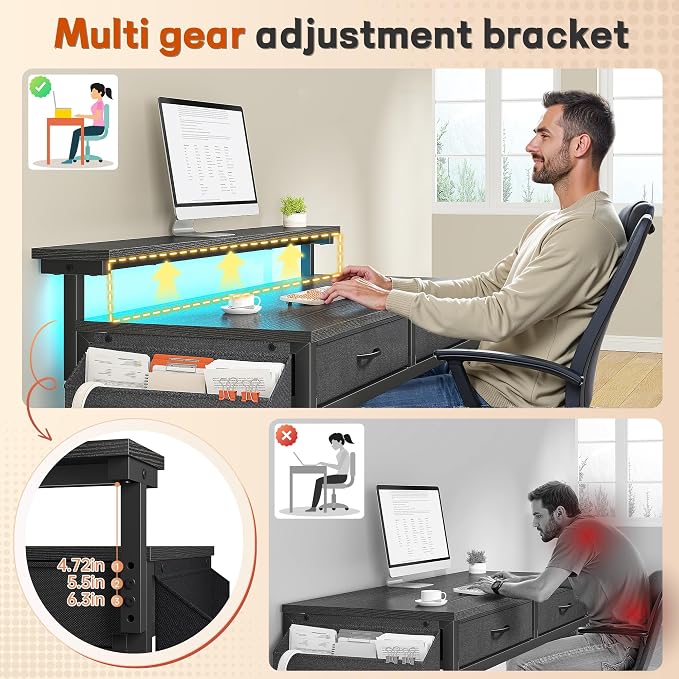 DurayLoly 39.4" Office Computer Desk with LED Lights & 2 Drawers,Black - Image 6