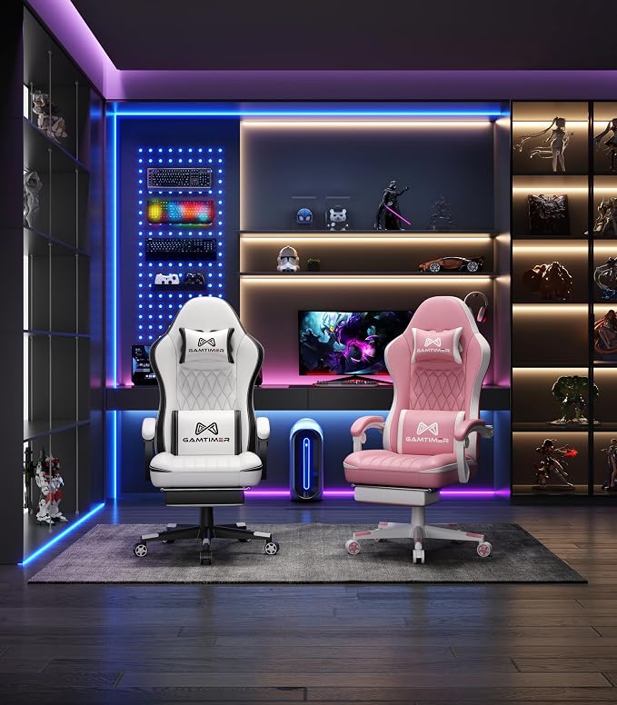 Gamtimer Gaming Chair with Footrest, Ergonomic Computer Chair, PU Breathable Material with Headrest and Lumbar Support, Suitable for Silla Gamer and Adults (White) - Image 2