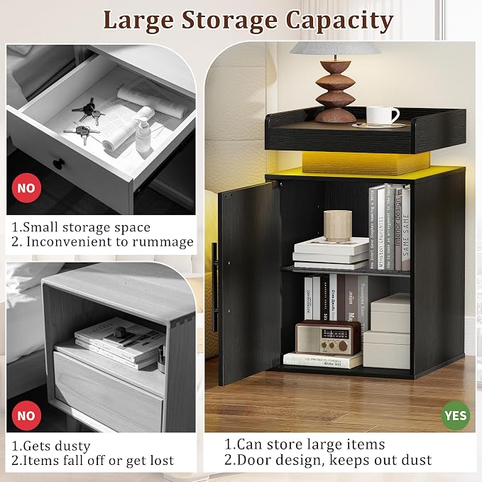 Black Nightstand with LED Lights, Large Storage Bedside Table with Magnetic Door, Black Wooden Bedroom Night Stand - Image 3