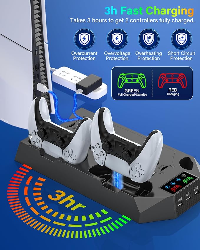 PS5/PS5 Slim/PS5 Pro Stand and Cooling Station with Dual Controller Charging Station for PlayStation 5 Console, PS5 Accessories Incl. Controller Charger, Cooling Fan, Headset Holder, 3 USB Hub, Black - Image 4