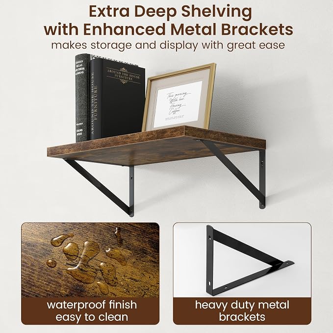 Axeman Deep Floating Shelves - 20 Inch Floating Shelves Set of 2-12 Inch Deep Brown Wood Wall Shelves for Living Room Bathroom Kitchen - Image 5