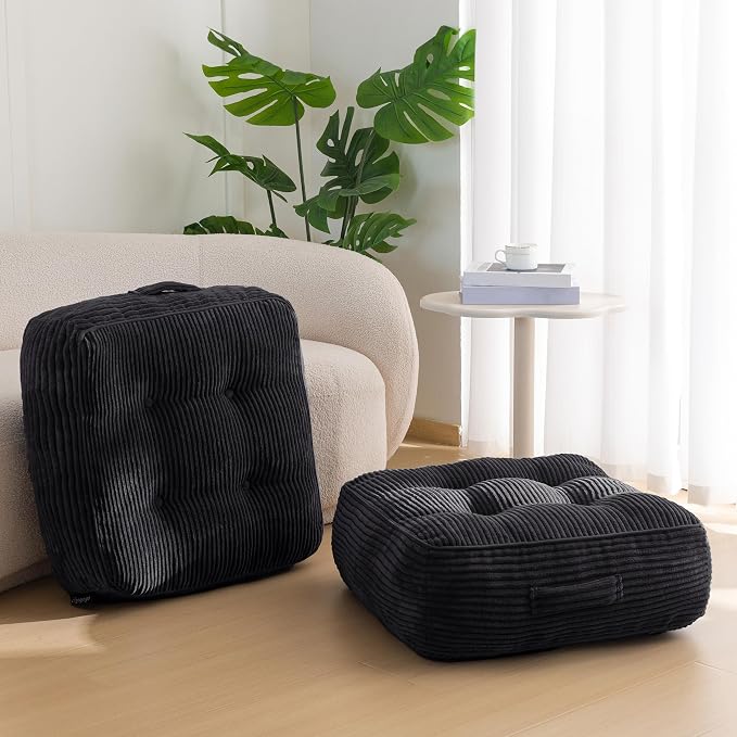 HIGOGOGO 8" Extra Thick Floor Pillow Cushion for Adults, Meditation Cushion Pillow, Large Square Floor Sitting, Tufted Corduroy Cover, for Tatami Living Room or Yoga, 22x22 Inch, 2Pack, Black by HIGOGOGO