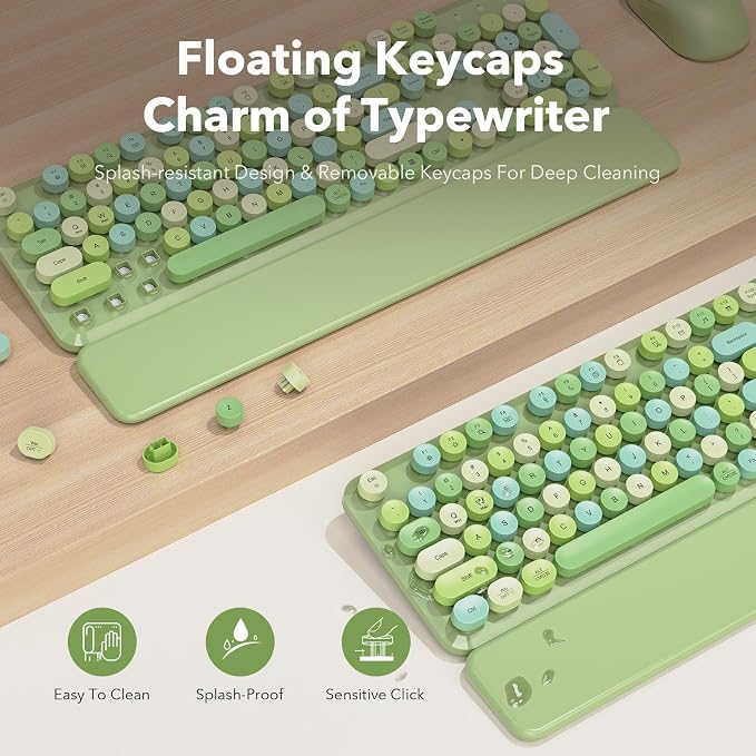 Wireless Keyboard and Mouse Combo, Cute Retro Typewriter Keyboard with Round Keycaps and Magnetic Wrist Rest, Full-Size 2.4GHz Cordless for Mac, Windows PC, Laptop, SABLUTE CK23, Green Multi-Color - Image 3