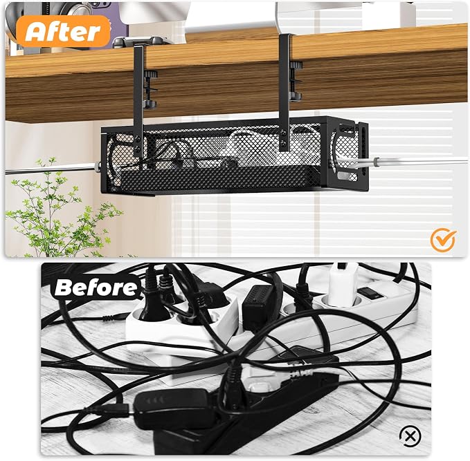 Under Desk Cable Management Tray, 15.7'' No Drill Steel Desk Cable Organizers, Wire Management Tray Cable Management Rack (2 Packs-Black) - Image 3