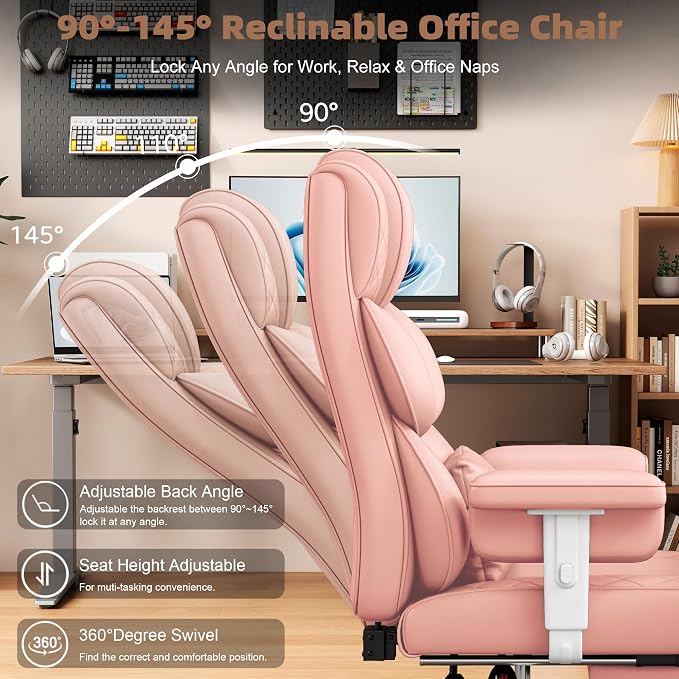 Vonesse Office Chair, Desk Chair with Soft Adjustable Armrests, Ergonomic High Back Gaming Chair with Lumbar Support, Executive Computer Chairs with Footrest (PU Leather, Pink) - Image 7