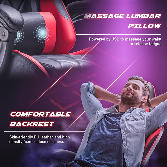 Homall Gaming Chair, Computer Chair with Footrest and Massage Lumbar Support, Ergonomic High Back Video Game Chair with Swivel Seat and Headrest (Red) - Image 5