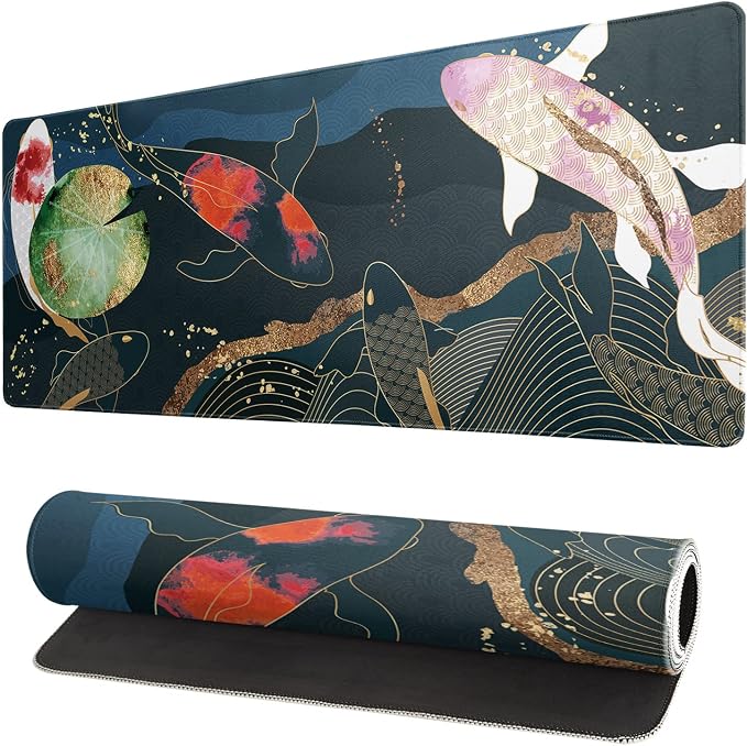 Japanese Gaming Mouse Pad XL - Extended Large Mouse Mat Desk Pad, Stitched Edges Mousepad, 3mm Thick Long Non-Slip Rubber Base Mice Pad, 31.5 X 11.8 Inch - Koi Fish Art by Unknown