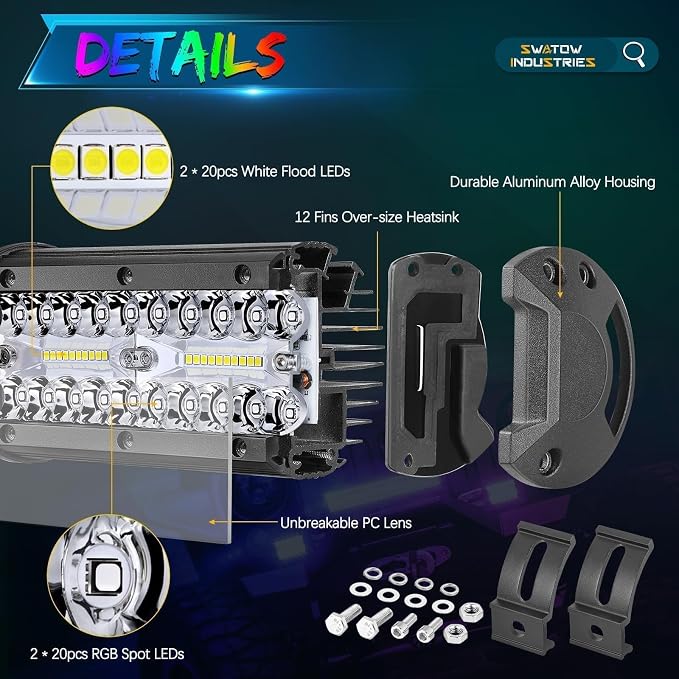RGB Pod Lights 7 Inch LED Light Bar RGBW Color Changing Light Pods RGB LED Offroad Driving Lights for Wrangler F150 Toyota Ram Chevy Pickup Truck UTV RZR Can-am ATV - Image 7