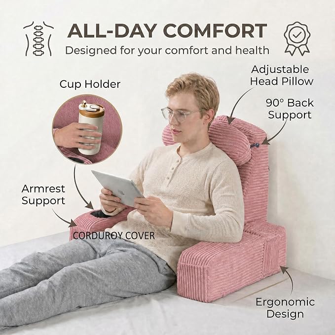 Reading Pillow for Adults, Back Pillow for Bed Sitting Up, Backrest Pillow for Sitting in Bed, Detachable Arms with Built-in Cup & Phone Caddy (Dusty Pink-Corduroy, 21 INCH) - Image 5