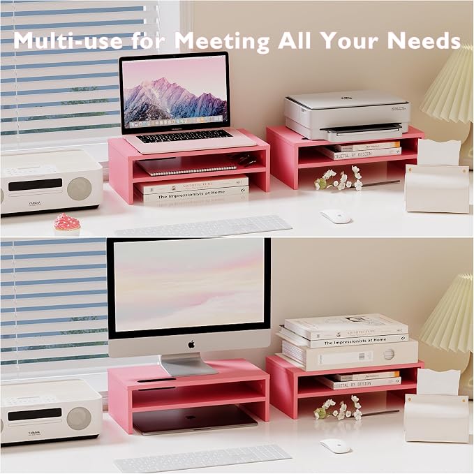 BONTEC Wooden Monitor Stand Riser for Desk, 2-Tier Computer Monitor Stand | 66 lbs Desk Shelf Organizer with Storage, Laptop & Printer Stand with Phone Holder and Cable Management, Pink, 16.5 Inch - Image 7
