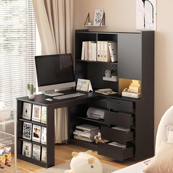 L Shaped Desk with Power Outlets and USB Charging Ports, Black Corner Computer Desk with Drawers, Bookshelf, LED Light, Pegboard, Modern Home Office Gaming Writing Study Table - Image 8