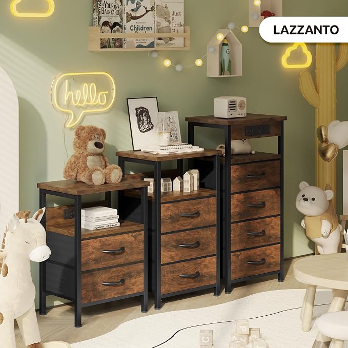 Lazzanto Night Stand with Charger Station for Bedroom, Brown Nightstand - Image 8