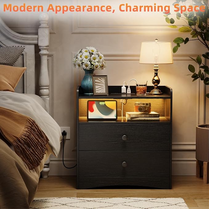 Memobarco 2 Pack Nightstand with Charging Station and LED Light, Black - Image 5