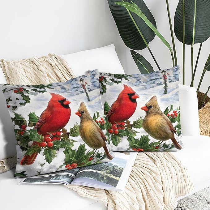 Winter Cardinal Birds Christmas Throw Pillows Cover 18x18 Set of 2 - Image 2