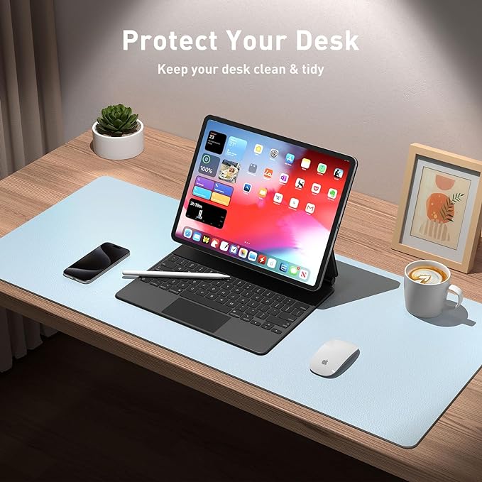 Aothia Leather Desk Pad Protector, Mouse Pad, Office Desk Mat, Non-Slip PU Leather Desk Blotter, Laptop Desk Pad, Waterproof Desk Writing Pad for Office and Home (36" x 17", Baby Blue) - Image 3