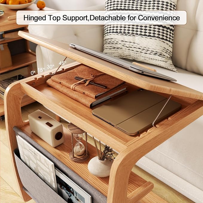 AQIMUELE Rolling Side Table, C Shaped End Table, C Table with 4 Wheels Solid Wood Small Rolling Desk with Adjustable Desktop,C Shaped End Table for Couch,Home Office(15.6" D x 23.6" W x 24.3" H) - Image 2