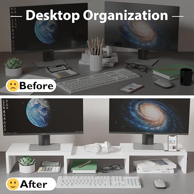 BONTEC Dual Monitor Stand Riser, Adjustable Length & Swivel Angle, White | Ergonomic Wooden Desktop Organizer with Smartphone Holder, Computer Monitor Stand for PC, Laptop,Printer and Large Storage - Image 2