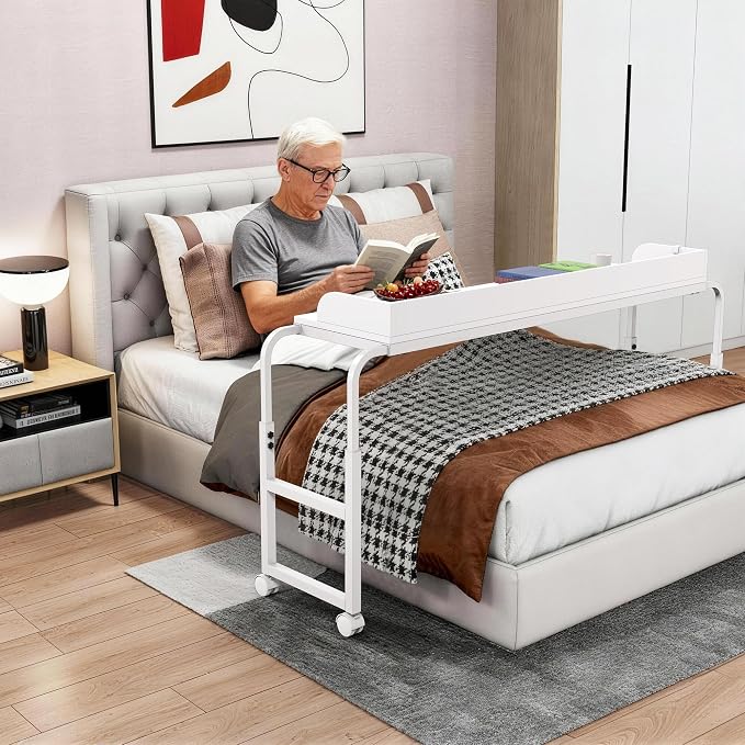 Overbed Table with Wheels, Mobile Bed Table with Adjustable Height Length, Desk for Bed Queen King Size with Charging Station and LED Light, Rolling Table for Eating, Laptops, Hospitals - Image 3