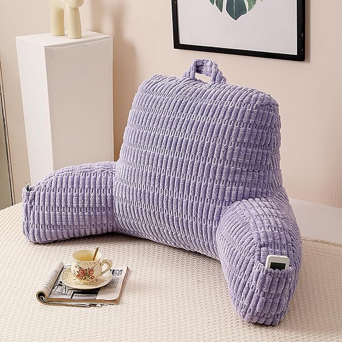 Reading Pillow for Sitting in Bed with Arm,Purple Corduroy,M | Sitting Pillow for Teens Back Support,17" Backrest Pillow Supports Reading,Gaming & Relaxing in Bed,Couch,or Floor by PAJEO