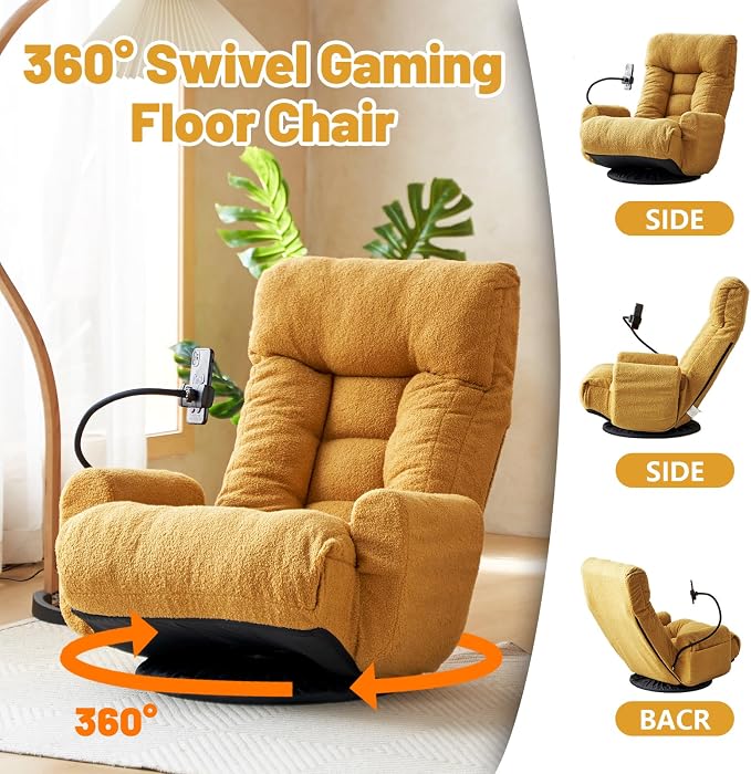 360° Swivel Gaming Floor Chair, 5 Position Adjustable Folding Sofa Chair with Armrests & Phone Holder, Cushion Padded Indoor Chaise Lounge for Adults, Home Office Floor Leisure Chairs, Yellow - Image 3