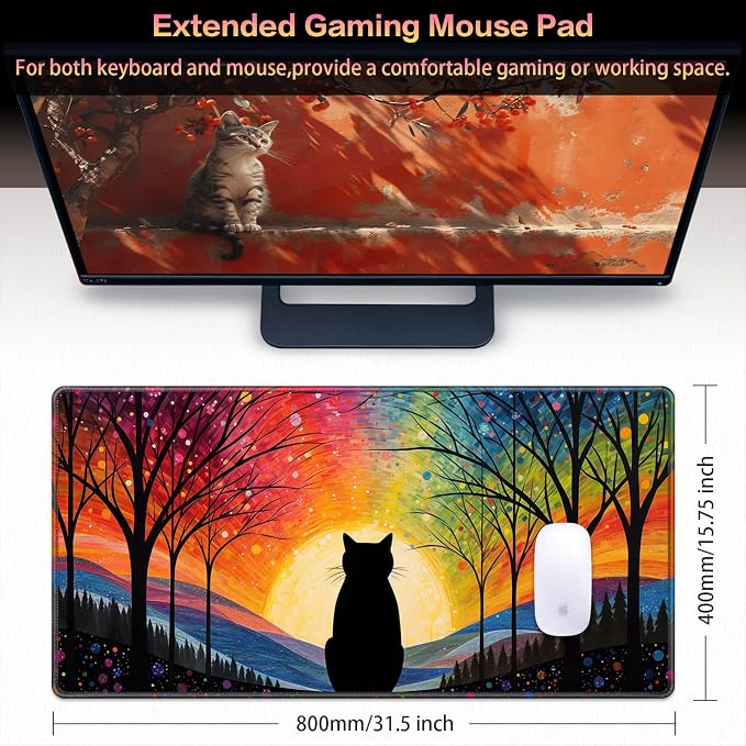 Canjoy Gaming Mouse Pad, 31.5x15.7in Anime Kawaii Large Mouse Pads for Desk | Cute Black Cats Desk Mat for Keyboard and Mouse Computer Big Full Size Desk Pad with Non-Slip Rubber Base and Stitched Edge - Image 2
