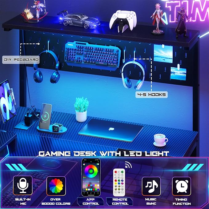 Homieasy Small Gaming Desk with Power Outlets Pegboard LED Light, 43 Inch L Shaped Computer Desk with Monitor Stand Storage Shelves, Reversible Corner Desk with Headset Hooks, Carbon Fiber Black - Image 6