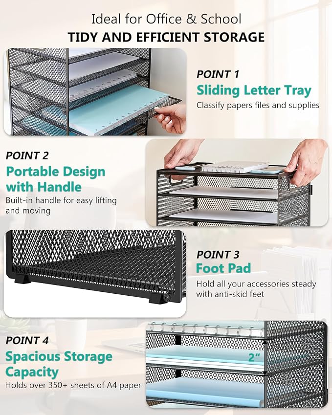 WALI Desk File Organizer, 9 Tier Desktop Paper Letter Tray Organizer with Handle, Office Desk Accessories & Workspace Organizers for Office, Home, School Supplies, 1 Pack, Black - Image 4