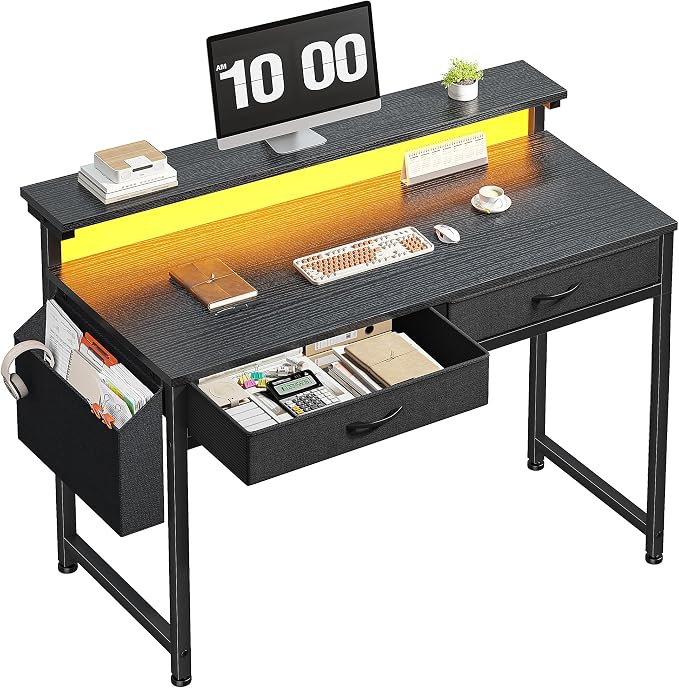 DurayLoly 39.4" Office Computer Desk with LED Lights & 2 Drawers,Black by Durayloly