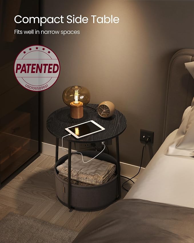 VASAGLE Side Table with Charging Station,Fabric Basket, Round End Table - Image 3