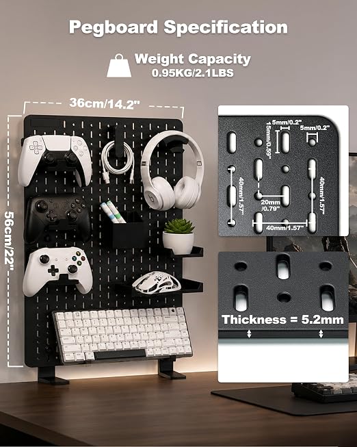 Clamp-On Desk Pegboard Organizer, 14 Accessories, White | 14 Peg Board Accessories, Controller Holders, Keyboard Stand, Headphones Holder, Cable Storage for gaming setups, home office - Image 7