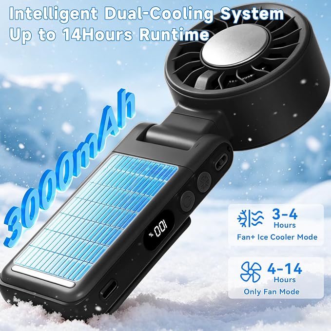 Handheld Portable Turbo Fan with Ice Cooling,5 Speed Rechargeable LED Display Foldable Hand Held Personal Clip/Neck/Waist Fan,180°& 360° Adjustable,Pocket Mini Fan for Outdoor/Home/Office (Black) - Image 3