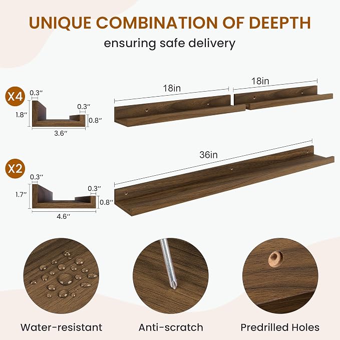 Picture Ledge Shelf, Floating Shelves for Wall Decor, Walnut, 6Pcs, 36'' - Image 3