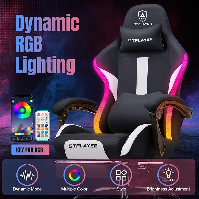GTPLAYER RGB Gaming Chair with Footrest, LED Lights, Ergonomic Computer Chair with Linkage Armrest, Breathable Fabric for Home Office Desk - Video Game Chairs for Adults - Image 3