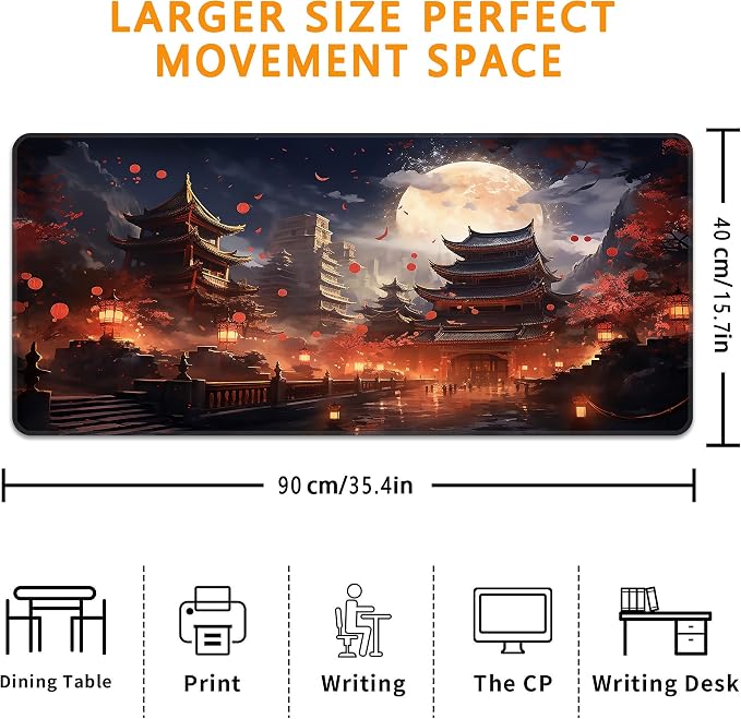 Japanese Desk Mat, XXL 35.4"x15.7" Large Mouse Pad, Full Moon Extended Gaming Mouse Mat,Non-Slip Rubber Base Waterproof with Stitched Edges for Gaming Office Home Decor - Image 3