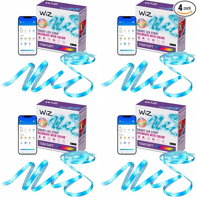 WiZ LED Smart Light Strip - Sunset to Sunrise Automation + Preset Light Modes + Control with Voice or App, Full Color RGB, Works with Alexa, Google Home, and HomeKit - 50 ft Cut to Fit (Pack of 4) by WiZConnectedLighting