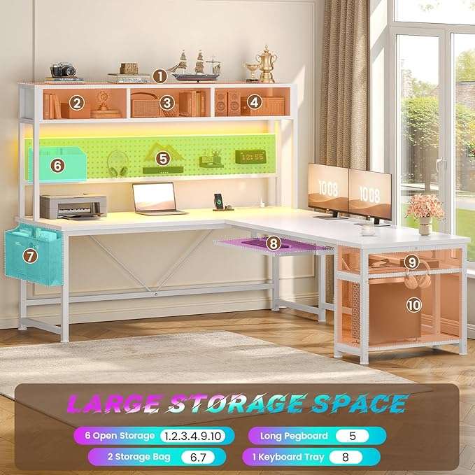 SEDETA White L Shaped Gaming Desk with Hutch, Power Outlet and Pegboard | Reversible 94.5" Computer Desk Two Person Desk, Corner Desk with Storage Shelf Keyboard Tray and LED Lights for Home Office - Image 6