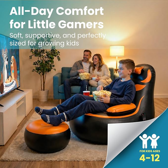 Inflatable Gaming Chair for Kids – Supports Up to 300 lbs, Includes Air Pump, Cup Holder, 2 Pockets – Durable Bean Bag Seat, Comfy Kids Gaming Chair & Top Gamer Chairs for Kid Room - Image 6