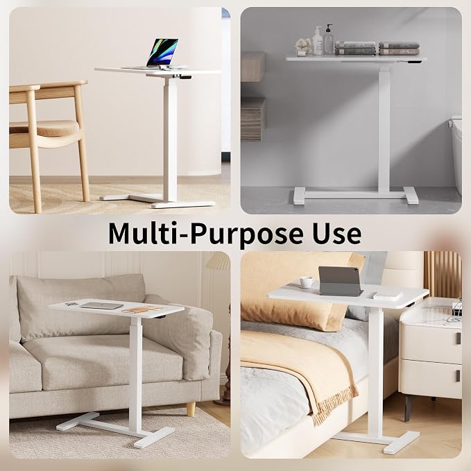 CROWNFURN Overbed Bedside Table with Wheels,Height Adjustable Bedside Table for Recliner,Rolling Standing Desk for Home Hospital,White - Image 7