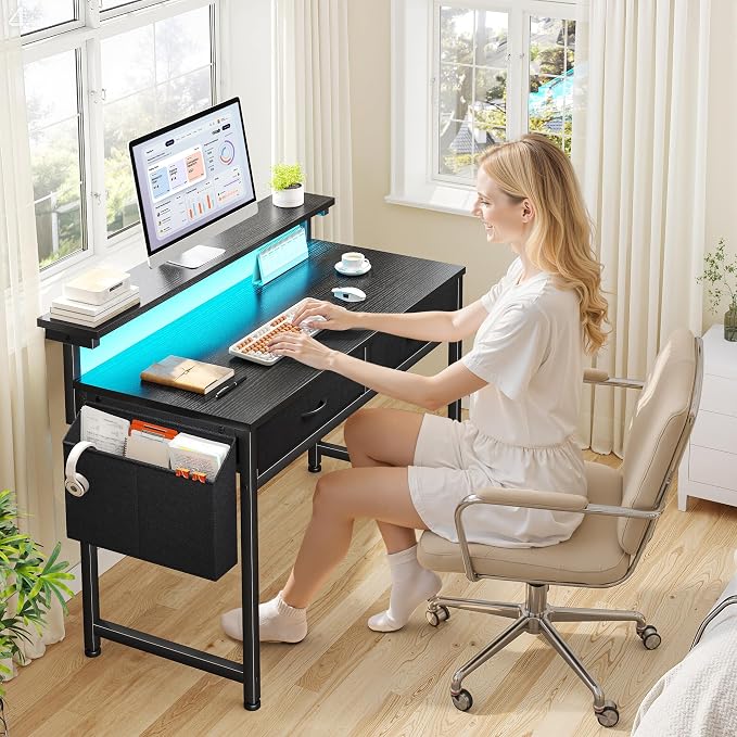 DurayLoly 31Inch Office Computer Desk with LED Lights & 2 Fabric Drawers, Gaming Desk with Side Pocket & Ergonomic Monitor Stand, Small Space Study Writing Table with Anti-Tip Design,Black - Image 3