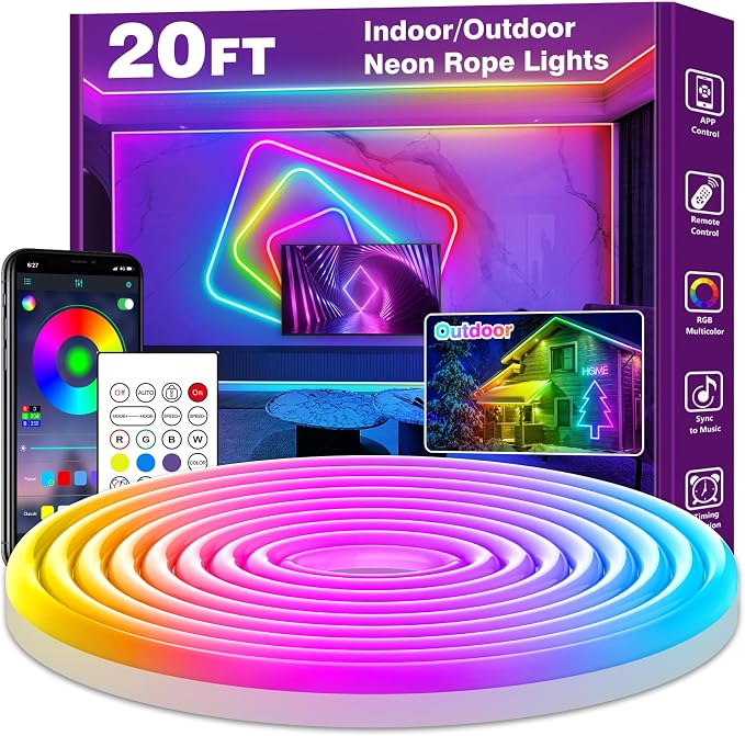 AILBTON 20FT Neon Rope Lights, RGB LED Strip Lights, Waterproof IP67 LED Lights for Bedroom, DIY Design, Music Sync, Remote Control, Multiple Modes for Bedroom by AILBTON