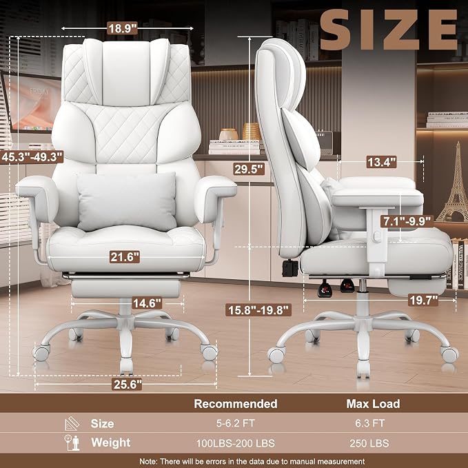 Vonesse Office Chair, Desk Chair with Soft Adjustable Armrests, Ergonomic High Back Gaming Chair with Lumbar Support, Executive Computer Chairs with Footrest (PU Leather,White) - Image 2