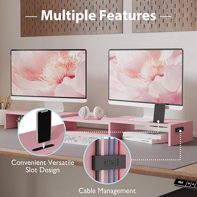 BONTEC Dual Monitor Stand Riser, Adjustable Length & Swivel Angle, Pink | Ergonomic Wooden Desktop Organizer with Smartphone Holder, Computer Monitor Stand for PC, Laptop,Printer and Large Storage - Image 6
