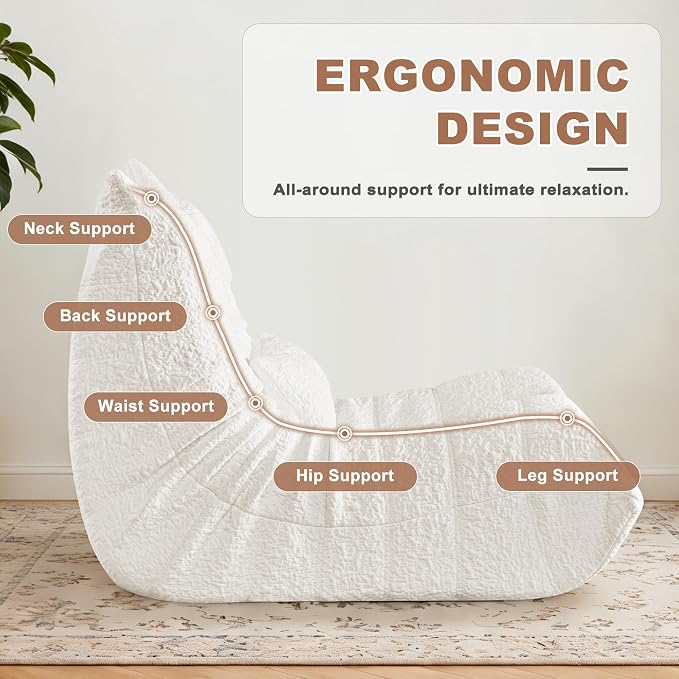 Bean Bag Chair for Adults - Large Bean Bag with Two Pillows, Oversized Boneless Chair with High-Rebound Memory Foam, Lazy Floor Sofa for Reading, Gaming, Living Room, Bedroom (Loveseat, White) - Image 3
