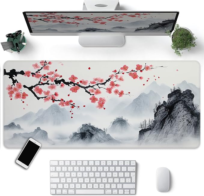 Japanese Watercolor Cherry Blossoms Desk Mat, XXL 35.4"x15.7" Large Mouse Pad, Sakura Extended Gaming Mouse Mat,Non-Slip Rubber Base Waterproof with Stitched Edges for Gaming Office Home Decor - Image 2