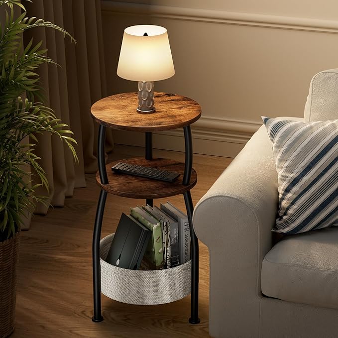 Round Side Table for Small Spaces with Storage Basket, 11.81in - Image 5
