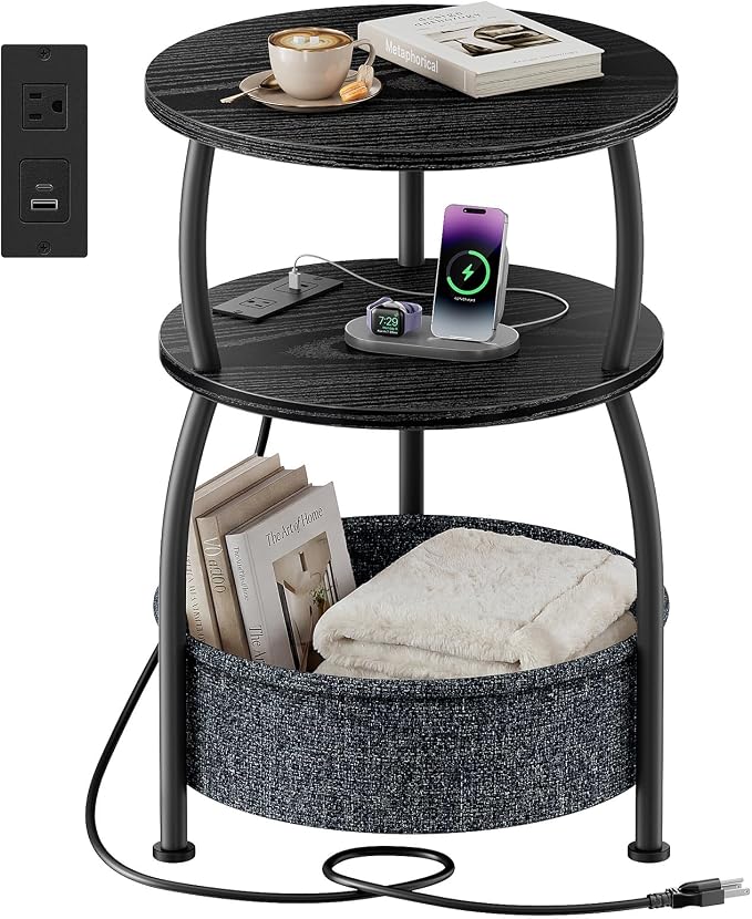 Round Side Table with Charging Station, USB Type C Port, Black by designyourhome