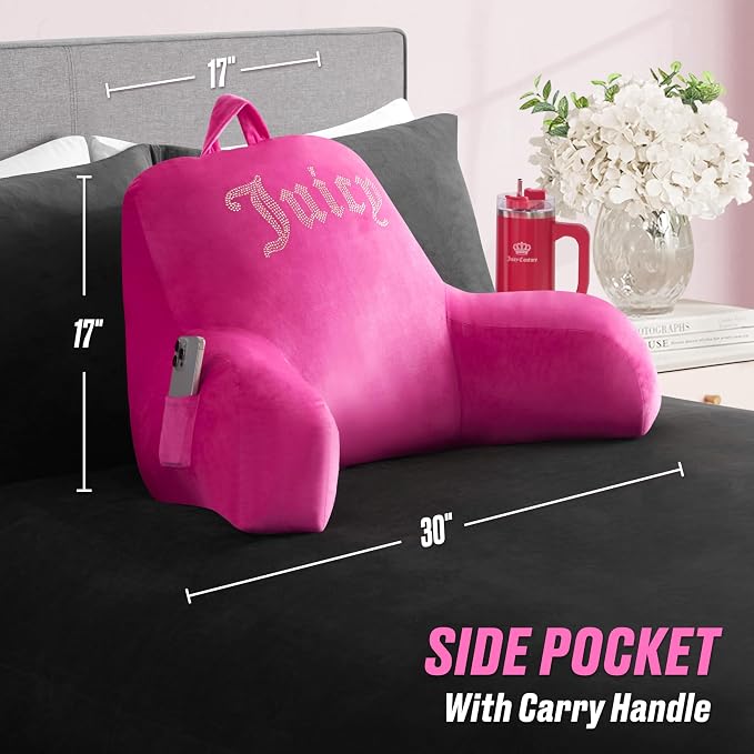 Juicy Couture Velour Backrest Pillow with Rhinestone Juicy Logo - 30"x17", Hot Pink Supportive Bed Rest Pillow for Reading, Gaming, or Relaxing - Image 4