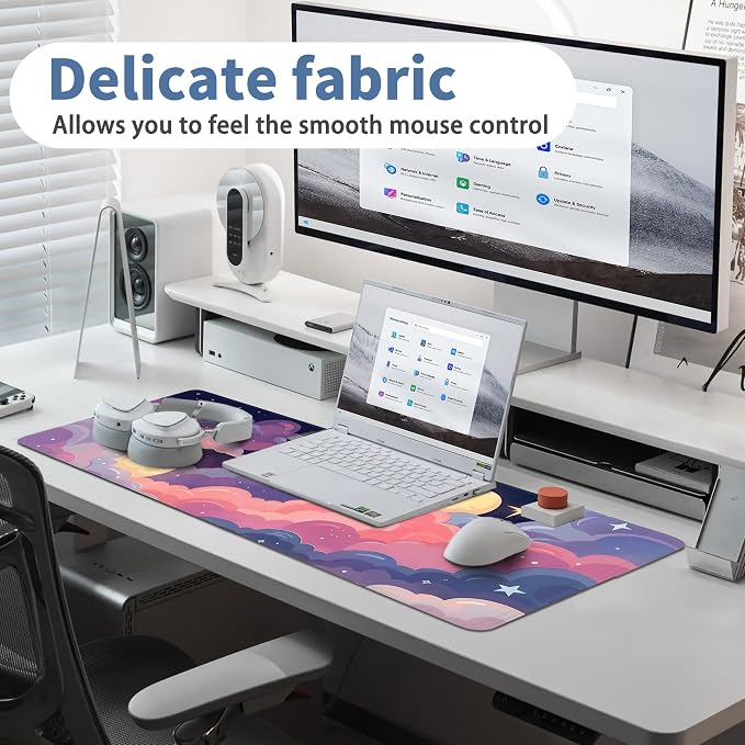 Cute Mouse Pad Kawaii Large Desk Mat Extended Keyboard Mouse Pad Pink Purple Cloud Mousepad with Non-Slip Base and Stitched Edge Gaming Mouse Mat Desk Pad 31.5 x 11.8 Mouse Pads for Desk Home Office - Image 5