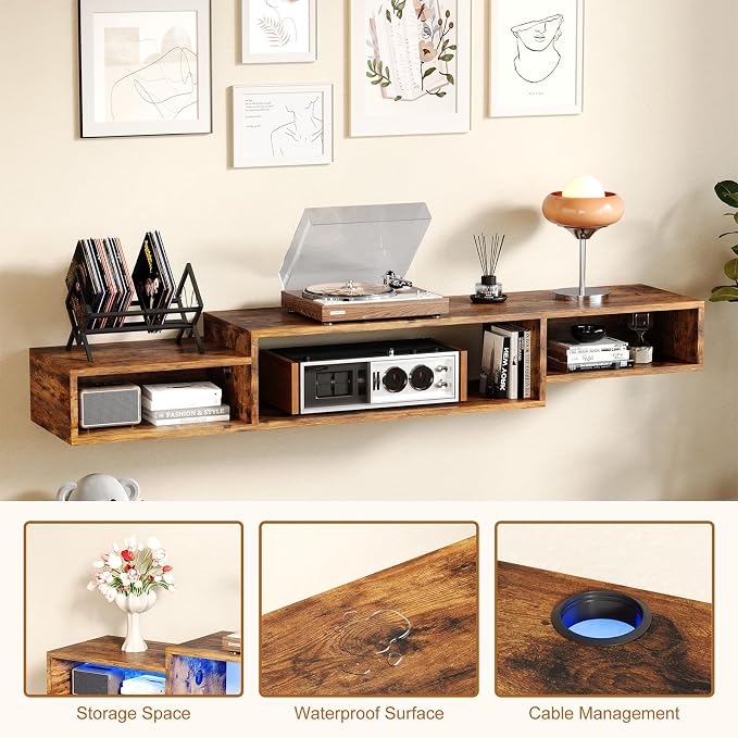 59 Inch Floating TV Stand, Wall Mounted Entertainment Center, Rustic Brown - Image 3