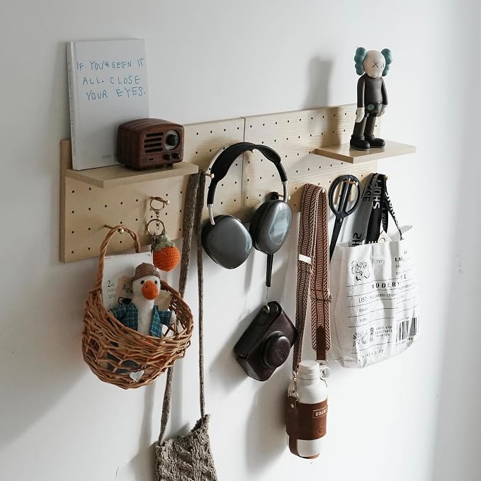 Wooden Pegboard Modular Display Organization Storage Wall Hooks Shelf (Birch Colored Finish-A) - Image 4